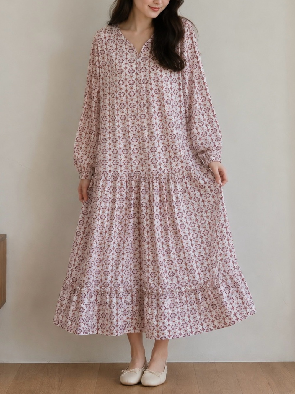 Women’s Pink Floral Long Sleeve Tiered Maxi Dress